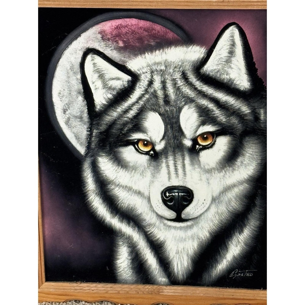 Vintage Oil Painting on Velvet Wolf Mexican Folk Art Velvet Artwork SIGNED 25x19 - Picture 3 of 10